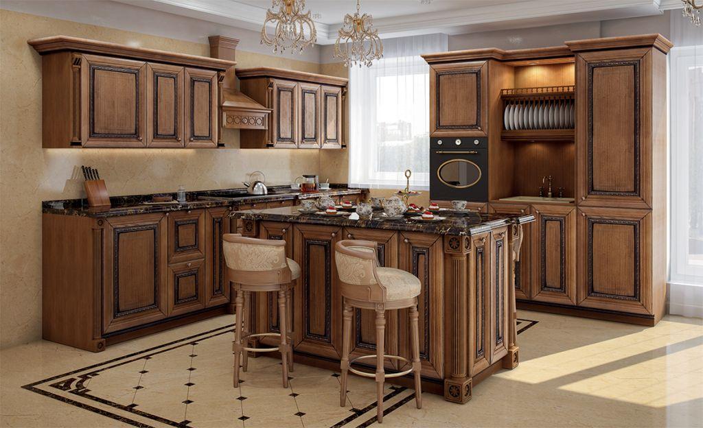 Массив Афродита ясень, цвет грецкий орех, кухня с островом